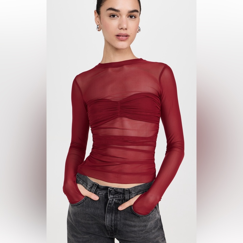 AFRM Burgundy Sheer Long-Sleeve Ruched Top